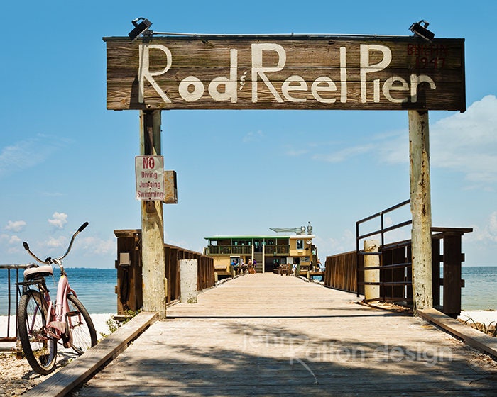 Anna Maria Island Print, Rod & Reel Pier, Coastal Decor, Beach Photography,  Fishing Pier, Bike Photograph Print Poster 