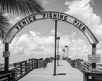 Impressão fotográfica em preto e branco da Praia de Veneza, Píer de Pesca de Veneza, Decoração Costeira, Praia de Veneza, Flórida.