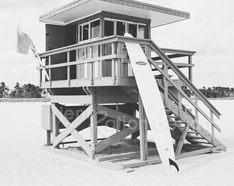 Beach Photography Black & White, Lifeguard Stand Print, South Beach, Miami, Beach Art, Black and White Photo, Surfboard, Lifeguard Hut Photo