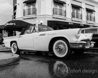 1957 Ford Thunderbird, Coche clásico, Fotografía de coches, T-Bird, Vintage, Regalo para los amantes de los coches, Blanco y negro, Hombre Arte rupestre, Impresión de fotografía de coche