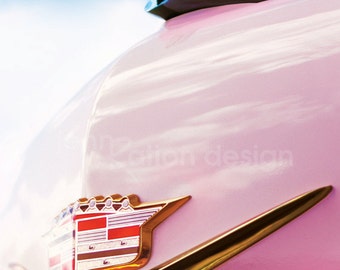 Pink Cadillac, Car Photography, Pink Caddy Photo, Chevron Emblem Classic Car Detail Photography, Mary Kay Car, Fine Art Car Photograph Print