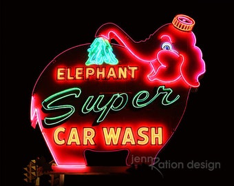 Elephant Super Car Wash Neon Sign • Pink Elephant Neon Sign • Antique Sign • Seattle Neon • Retro Sign • Vintage Sign Photography Print