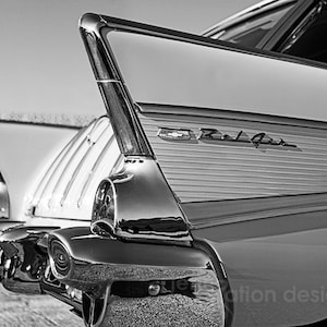 57 Chevy Wagon, 57 Chevy Bel Air, Black and White Car Photography, Classic Car Fin Photography, Red Chevy Bel Air, Gift for Car Lover Print