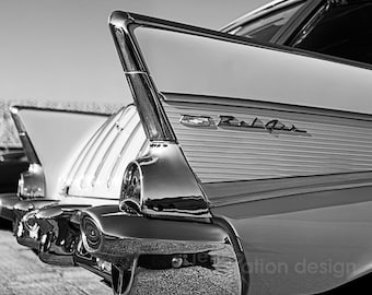 57 Chevy Wagon, 57 Chevy Bel Air, Black and White Car Photography, Classic Car Fin Photography, Red Chevy Bel Air, Gift for Car Lover Print
