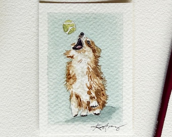 ACEO ATC, Original Watercolor Corgi, Dog Painting, Miniature Art, Artist Trading Card, Collectible Pet Art
