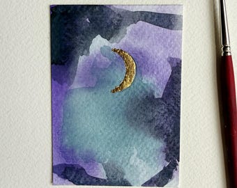 ACEO ATC, Original Moon Painting, Hand Painted Watercolor Artist Trading Card, Silver Leaf Art, Small Collectible Moon Painting