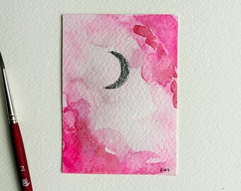 ACEO ATC, Original Moon Painting, Hand Painted Watercolor Artist Trading Card, Silver Leaf Art, Small Collectible Moon Painting