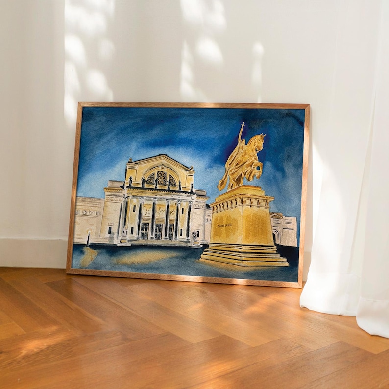 Print of a watercolor painting of the St. Louis art museum