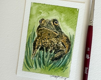 ACEO ATC, Toad Print, Miniature Frog Print, Small Collectible Nature Print