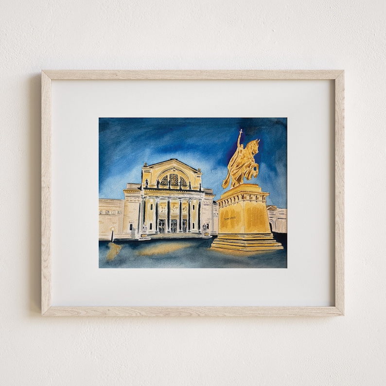 Print of a watercolor painting of the St. Louis art museum