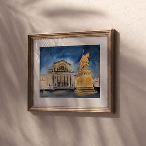 Print of a watercolor painting of the St. Louis art museum