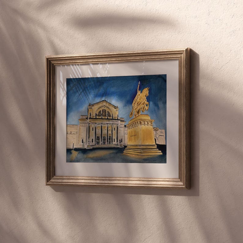 Print of a watercolor painting of the St. Louis art museum