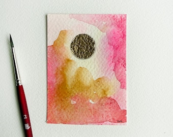 ACEO ATC, Original Moon Painting, Hand Painted Watercolor Artist Trading Card, Gold Leaf Art, Small Collectible Moon Painting