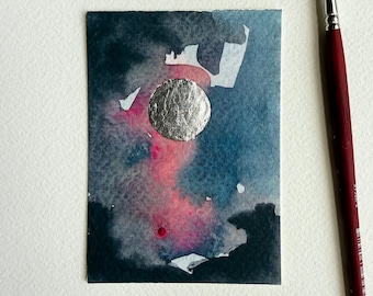 ACEO ATC, Original Moon Painting, Hand Painted Watercolor Artist Trading Card, Silver Leaf Art, Small Collectible Moon Painting