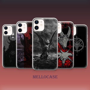 May include: Five smartphone cases arranged in a row, each featuring distinct dark, monochromatic, and red-toned graphic illustrations including winged figures, a goat head, pentagrams, and inverted crosses. The text MELLOCASE appears below the cases.
