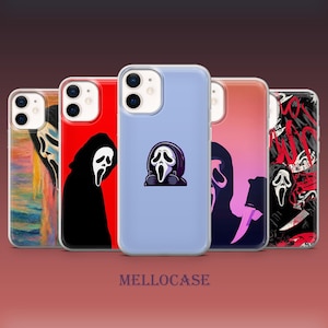 May include: Five smartphone cases featuring various Ghostface designs. The cases display a colourful abstract print, a solid red background with a black silhouette, a light blue case with a small character icon, a pink gradient, and a black graphic print.