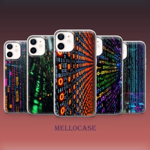 May include: Five smartphone cases arranged in a row, each featuring a distinct digital matrix design with vertical streams of binary code in vibrant colours including orange, green, blue, and purple against a dark background, with the text MELLOCASE below.