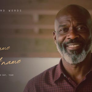 May include: A memorial portrait template featuring a smiling person with a graying beard, wearing a maroon collared shirt. The text reads LOVED BEYOND WORDS, first name, Last name, and MONTH DAY, YEAR – MONTH DAY, YEAR in gold and white.