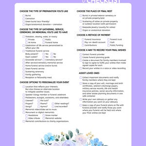 May include: A white funeral planning checklist document on a light purple background with a floral illustration at the bottom. The text includes sections for choosing preparation, gathering types, personalization options, final rest, and payment methods.