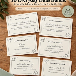 May include: A set of six rectangular printable cards titled 30 Everyday Duas Bundle, featuring Islamic prayers in Arabic script, transliteration, and English translation. Each card has a thin black border and delicate leaf illustrations at the corners.