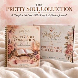 May include: A spiral-bound Bible study journal titled The Pretty Soul Collection Volume I Knowing God's Word, featuring floral illustrations and a candle, alongside a matching rectangular box labeled The Pretty Soul Collection Faith Purpose Beauty.