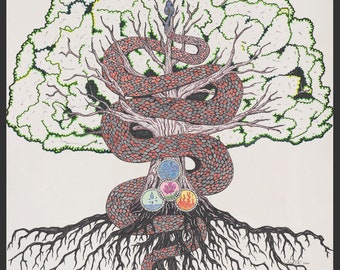 Snake In Tree - Colored Pen Drawing