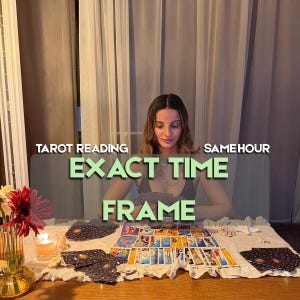 May include: A tarot reading service featuring a person holding cards behind a spread of tarot cards on a white cloth. The text reads TAROT READING SAME HOUR EXACT TIME FRAME. A glass vase with red and white flowers and a lit candle are on the table.