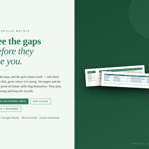 May include: A digital skills matrix template featuring a self-coloring grid, gap flags, and plan records. The text reads: Skills Matrix, See the gaps before they see you, Self-colouring grid, Gap flags, Plan + Records, Excel + Google Sheets, Word records.