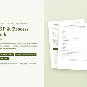 Könnte beinhalten: Ein digitales SOP- und Prozesspaket mit dem Text: Instant Digital Download, SOP & Process Pack, 10 Editable Files, Word + Google Docs, Letter + A4. Das Dokument enthält eine Prozess-Checkliste mit den Abschnitten Before, During und After.