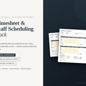 Op de afbeelding: Een pakket voor urenregistratie en personeelsplanning met vier Excel-werkmappen. De tekst luidt Payroll, Papered Properly, Timesheet & Staff Scheduling Pack, 4 Excel Workbooks, Works in Google Sheets, Overtime Automatic, Weekly, Biweekly, Staff Schedule, Payroll Register.