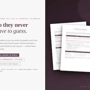 End of Life Planner Printable Word, Funeral Planning Checklist, Final Wishes Template, Executor Checklist, Peace of Mind Binder