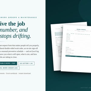 May include: A digital work order and maintenance template set featuring white pages with dark text. The documents include fields for job details, tenant information, and maintenance logs, with buttons labeled Editable Word + PDF and US Letter + A4.
