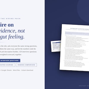 May include: A digital hiring pack document set featuring a white page titled Interview Question Bank with a list of professional questions, alongside a smaller card, all set against a dark blue background with white text and blue accents.