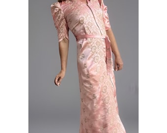 Vintage 1940s Luxurious Pink Satin Floral Embroidered Dressing Gown Robe Sz S/M