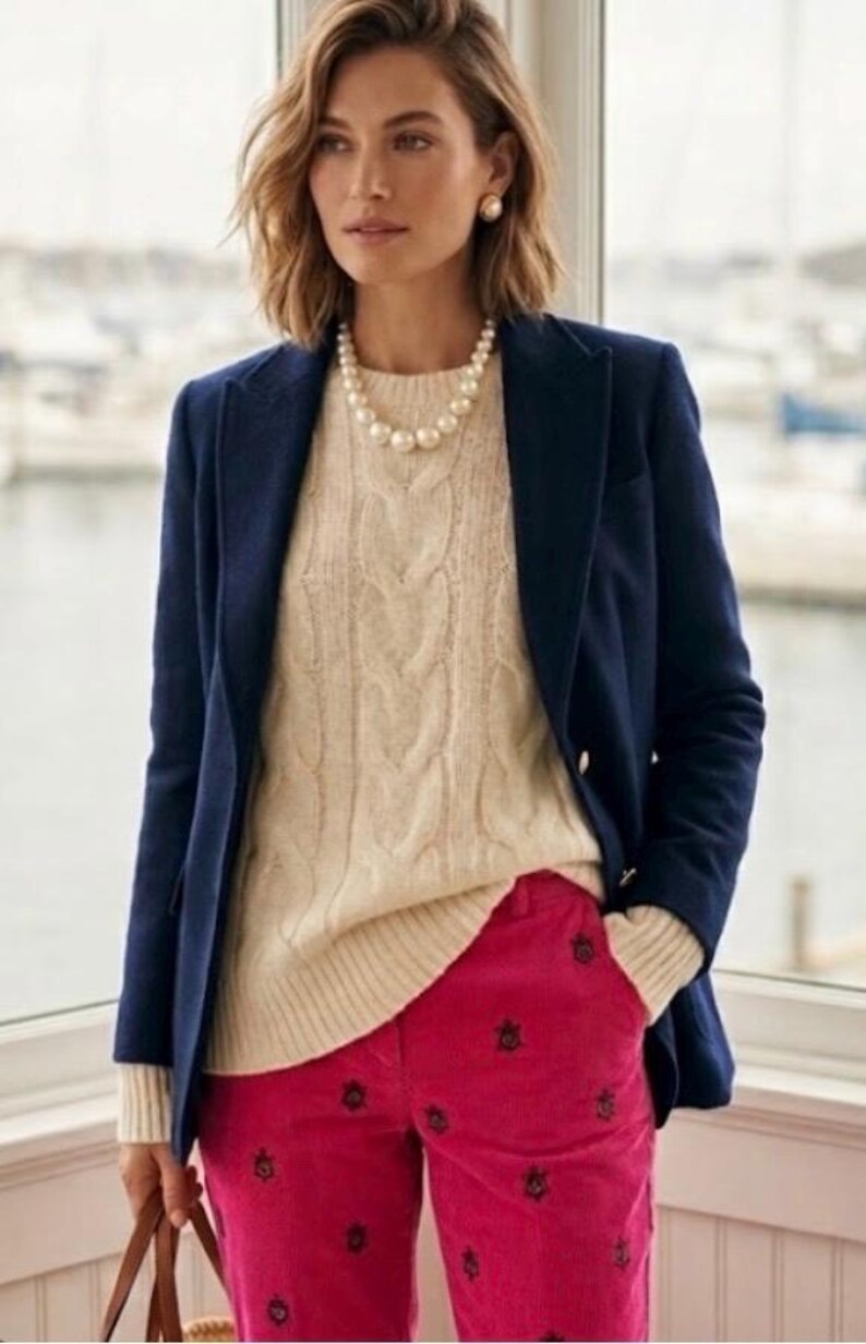 May include: A woman wearing a navy blue blazer over a cream-colored cable-knit sweater and bright pink corduroy pants. The pants have a repeating dark pattern. She is also wearing a pearl necklace and earrings.