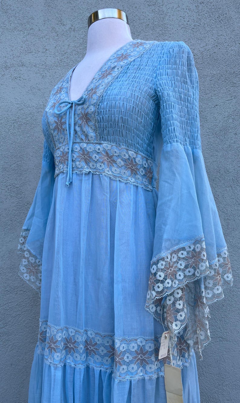 New 1970s Blue Smocked Maxi Gunne Style Prairie Dress W/angel Wing Lace ...