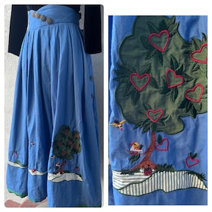VTG Perry Landhaus Blue Cotton Pleated Full Embroidered Nature Skirt Sz 12