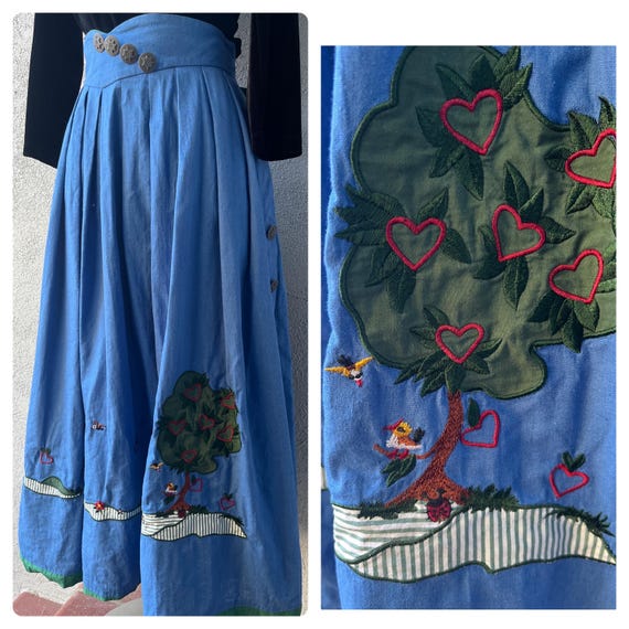 VTG Perry Landhaus Blue Cotton Pleated Full Embroidered Nature Skirt Sz 12