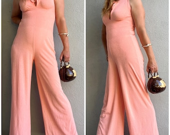 Vintage 1970s Beeline Peach Sleeveless Palazzo Jumpsuit w/Deep V-Neckline VTG 10