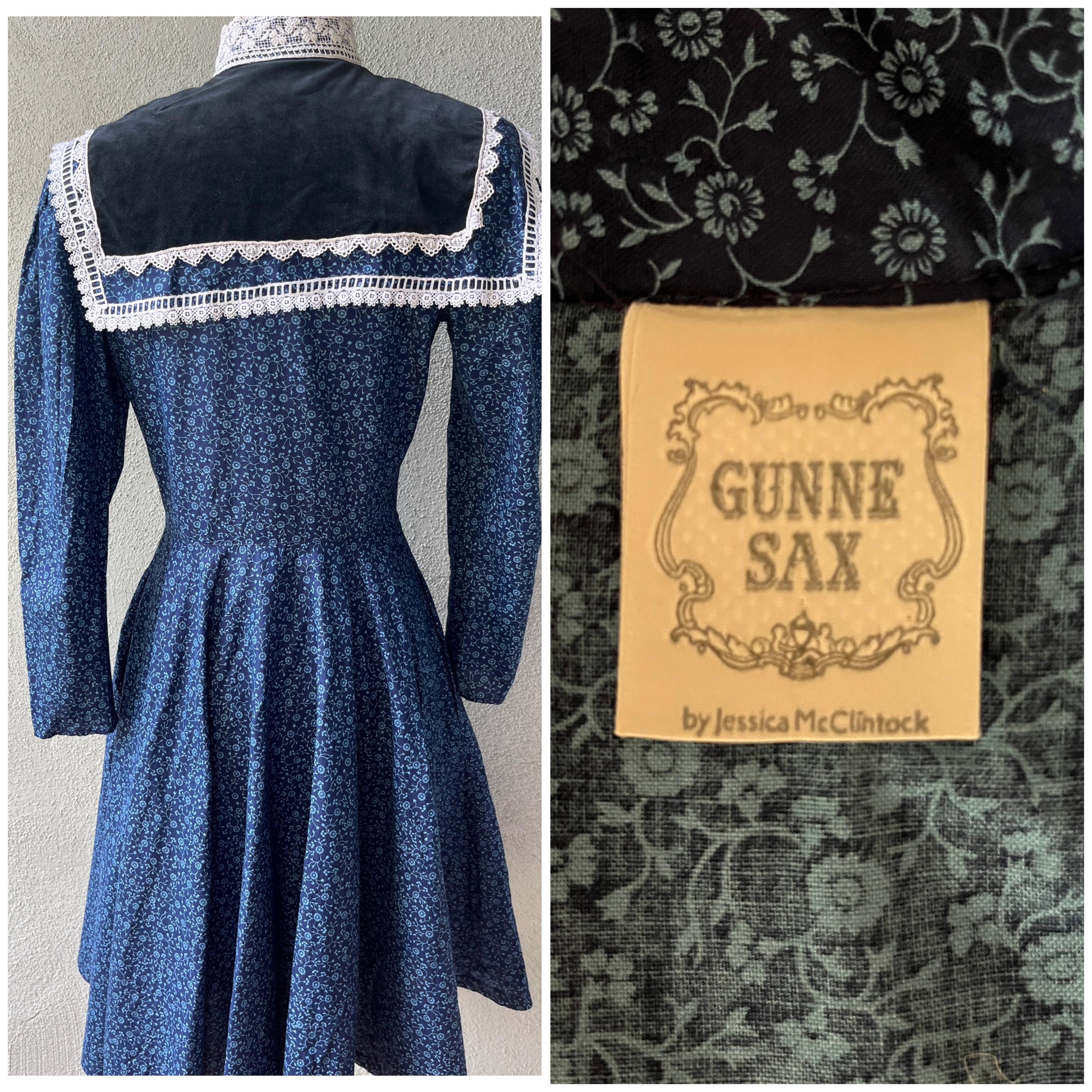 Vintage Gunne Sax Blue Calico Floral Lace-trimmed Prairie Midi Dress Sz ...