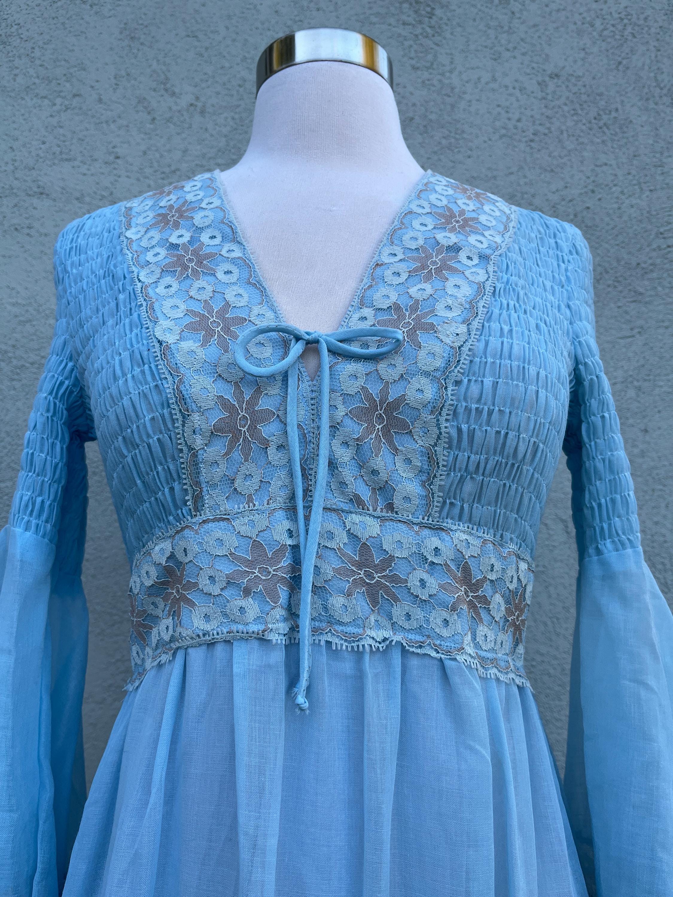 New 1970s Blue Smocked Maxi Gunne Style Prairie Dress W/angel Wing Lace ...