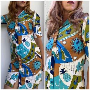 Vintage 1960s Tori Richard Honolulu Mid Century Cotton Hawaiian Tiki Dress Sz S