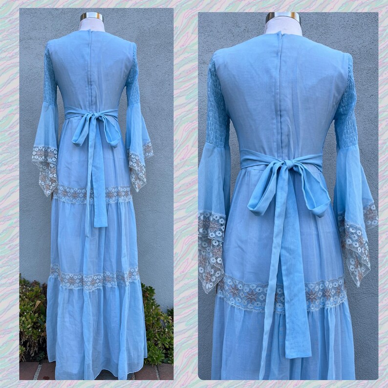 New 1970s Blue Smocked Maxi Gunne Style Prairie Dress W/angel Wing Lace ...