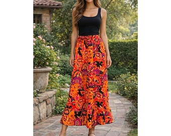 Vintage 1970s Abstract Psychedelic Floral Paisley Print Maxi Wrap Skirt Sz S