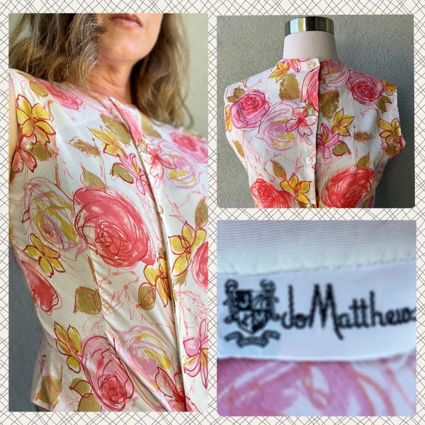 Vintage 1960s Jo Matthews Sleeveless Floral Crepe Button Up Crop Blouse Sz M