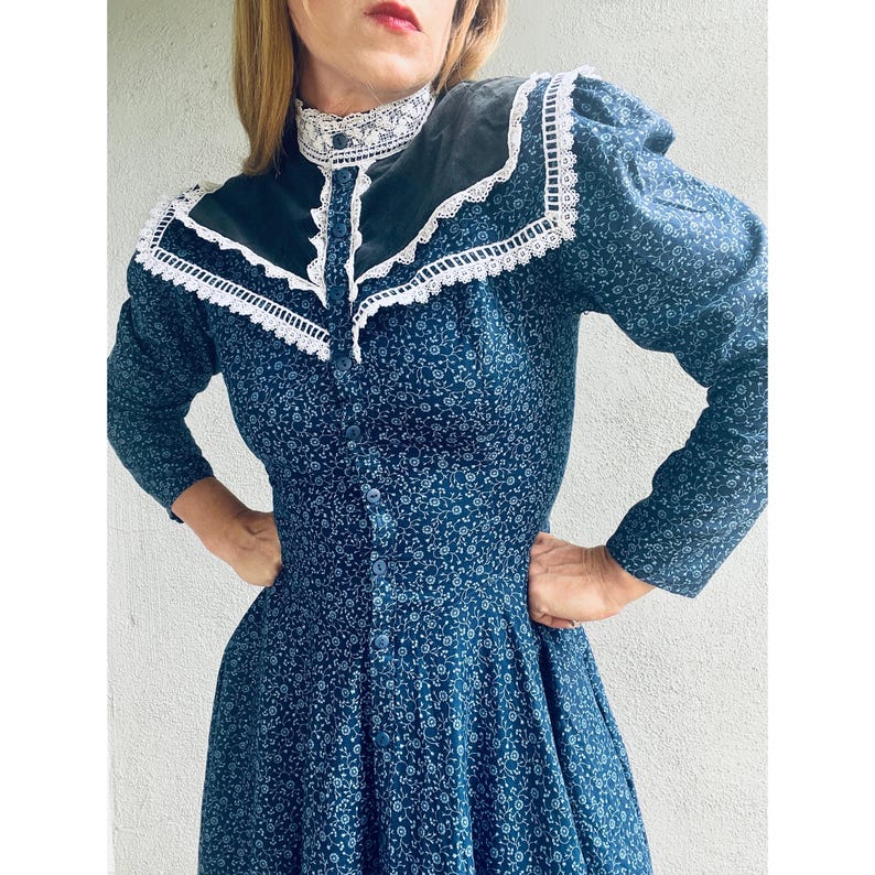Vintage Gunne Sax Blue Calico Floral Lace-trimmed Prairie Midi Dress Sz ...