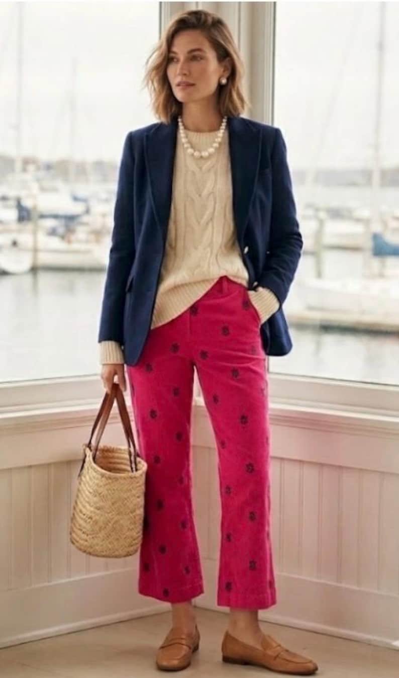May include: A woman wearing a navy blue blazer over a cream-colored cable-knit sweater and bright pink pants with a floral pattern. She is carrying a woven straw tote bag and wearing brown leather loafers. A pearl necklace completes the look.