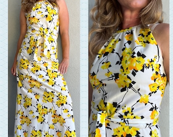 Vintage 1970s Women's Yellow Floral Halter Neck Belted Maxi Dress by TeJo Sz S