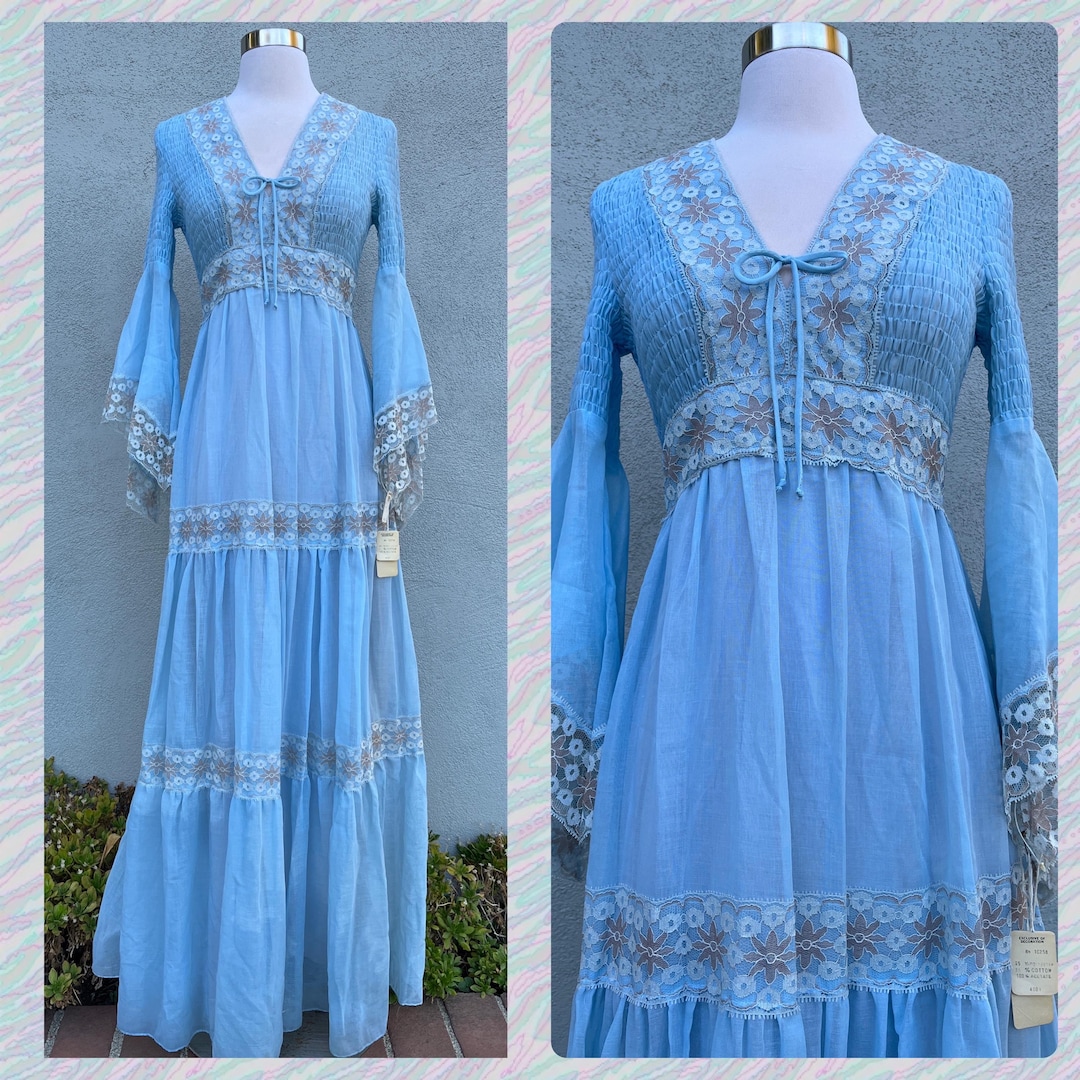 New 1970s Blue Smocked Maxi Gunne Style Prairie Dress W/angel Wing Lace ...