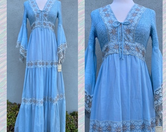 New 1970s Blue Smocked Maxi Gunne Style Prairie Dress w/Angel Wing Lace VTG Sz 11/12